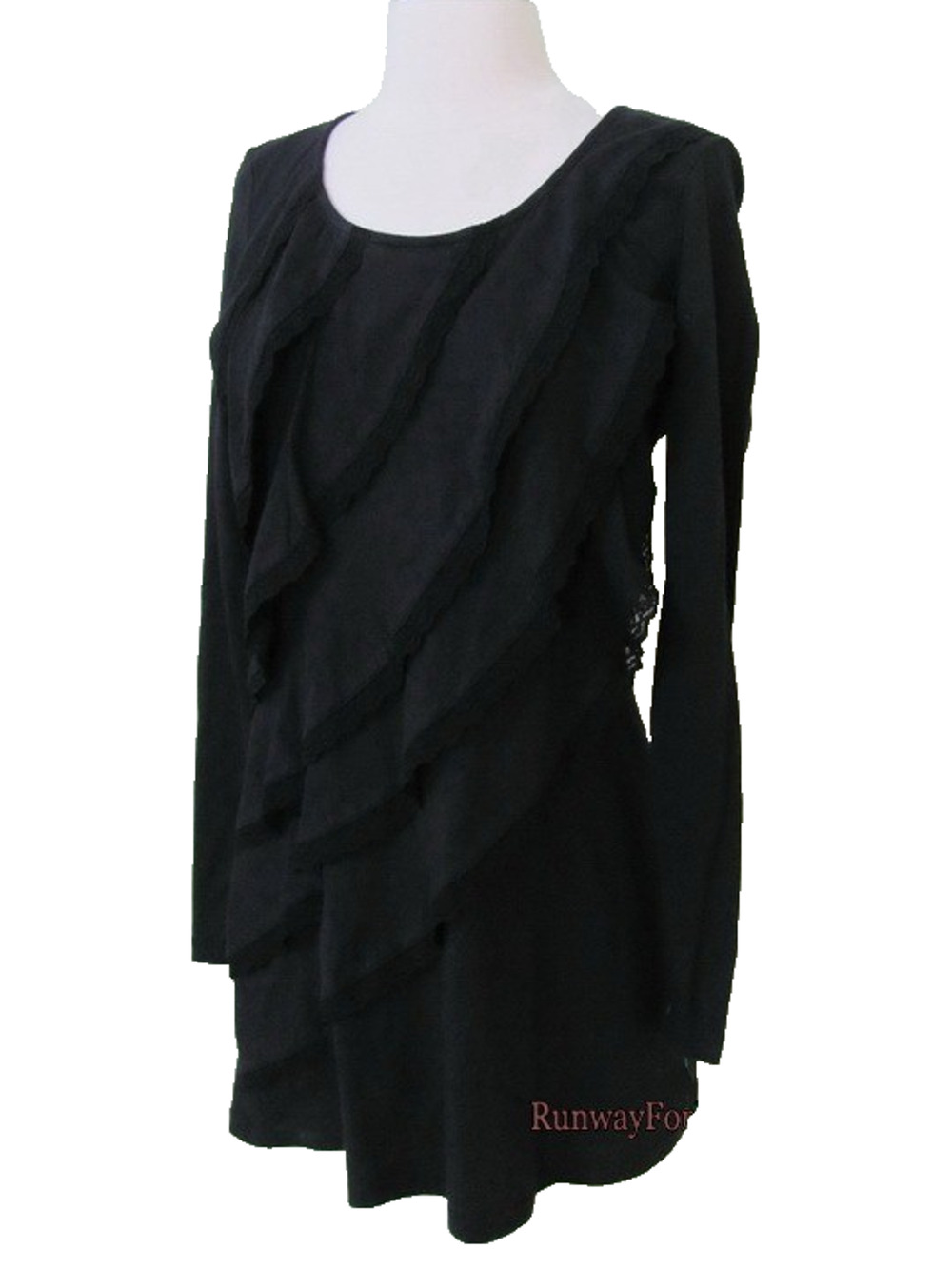 New V CRISTINA Women Misses Medium Lace Trim Tiered Ruffle Black Top Tee Tunic